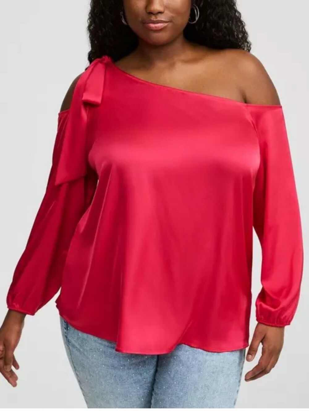 #130 Torrid 0 Satin Tie Front Off Shoulder Long Sleeve Blouse